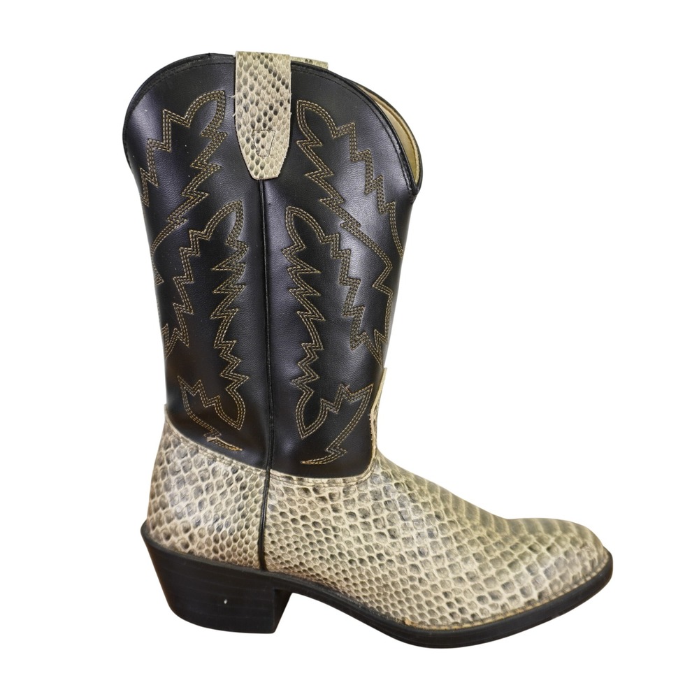 Texas Cowboy Boots Women 7 Boys 5.5D Black Tan Faux Snakeskin Western Embroidery